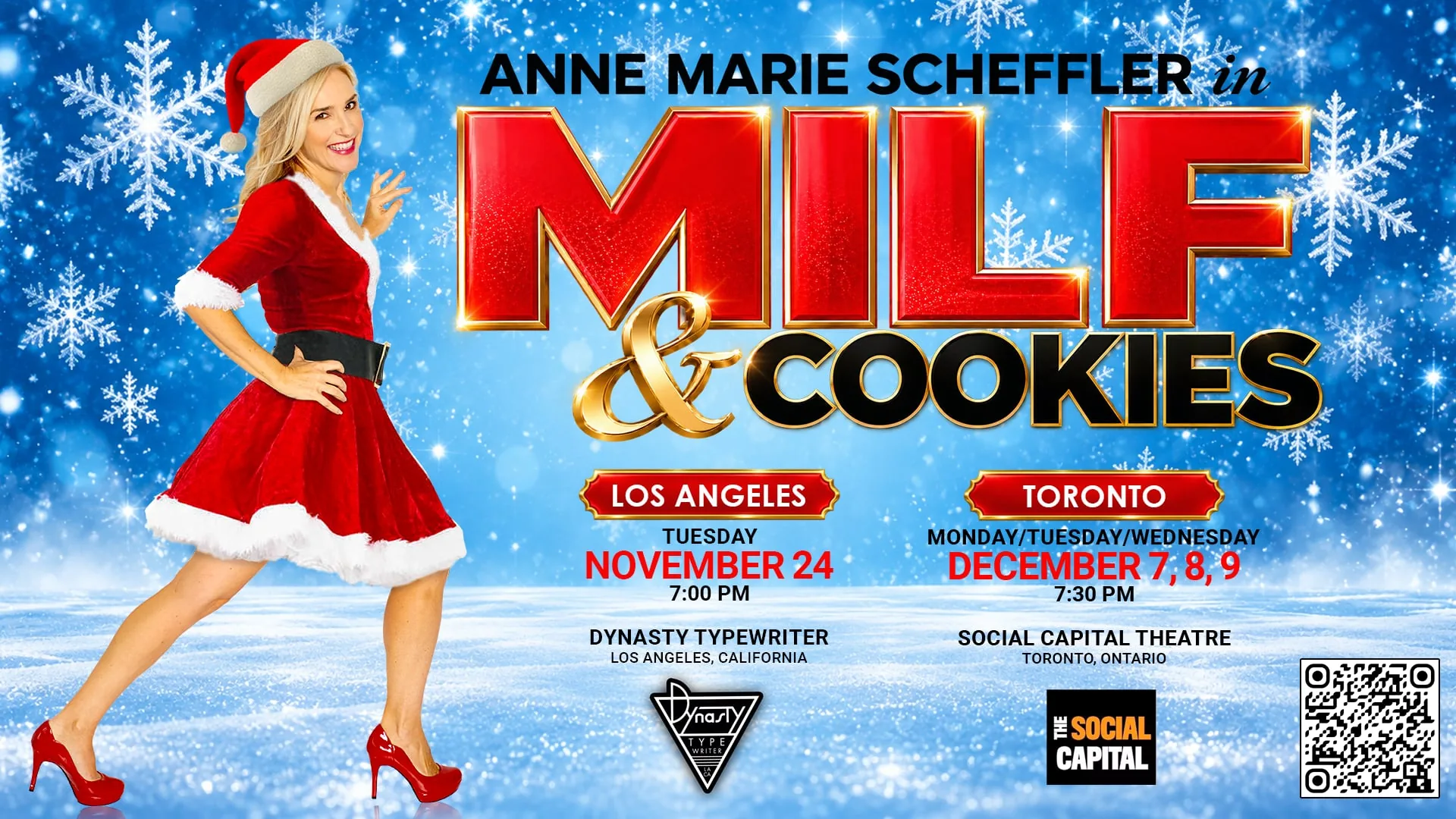 Anne Marie Scheffler in MILF and Cookies: Los Angeles, Tuesday November 24, 7:00 PM at Dynasty Typewriter; Toronto, Monday to Wednesday December 7, 8 and 9, 7:30 PM at Social Capital Theatre